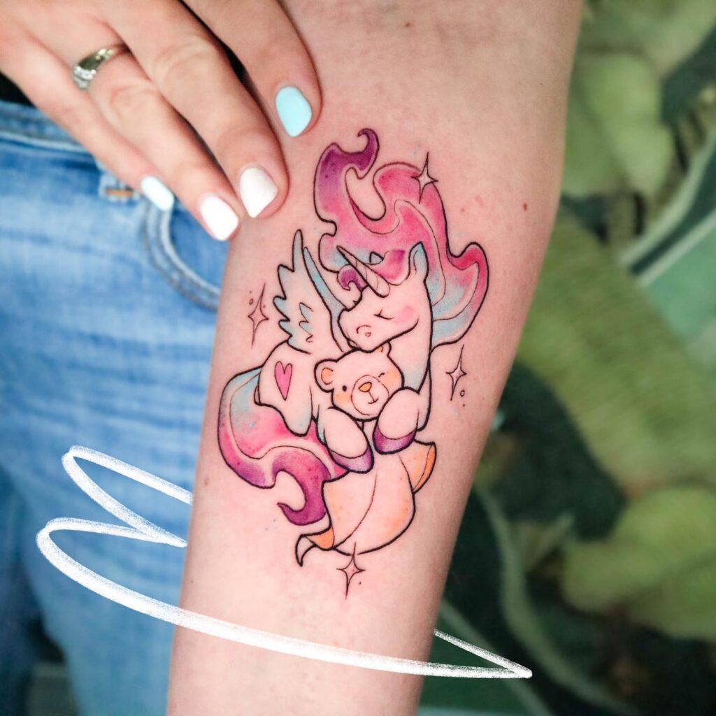 Unicorn Hugging Teddy Bear Tattoo mommy tattoo ideas tattoo