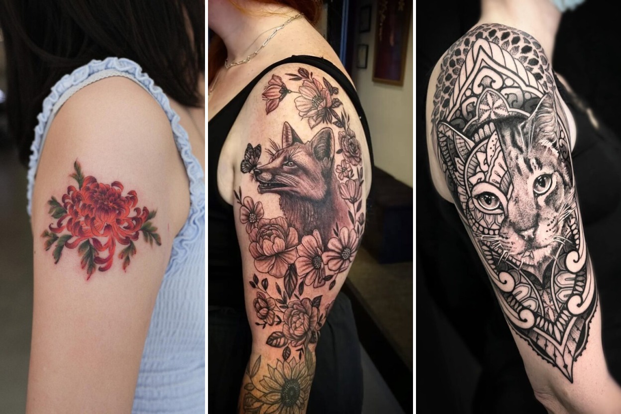 Aesthetic upper arm tattoo ideas for women and delicate ink ideas collage