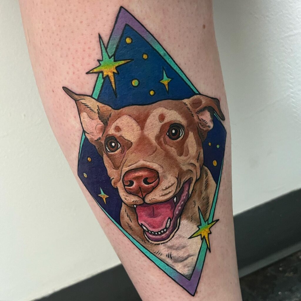 Vibrant Dog Portrait with Cosmic Background Tattoo dog memorial tattoos tattoo