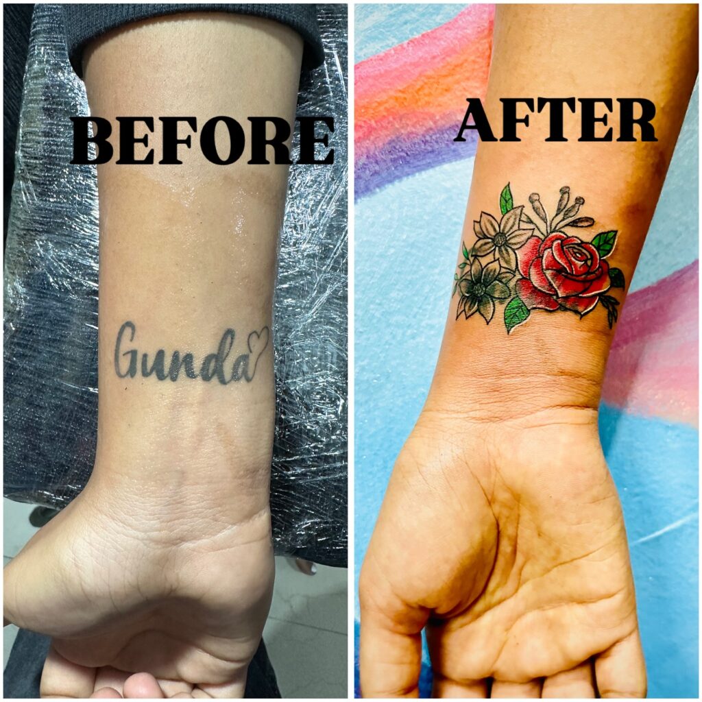 Watercolor Feather Name Cover-Up Tattoo