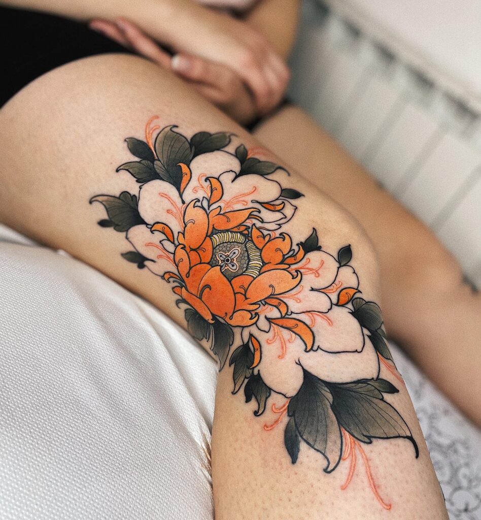Vibrant Orange and White Peony Thigh Tattoo peony flower tattoo ideas tattoo