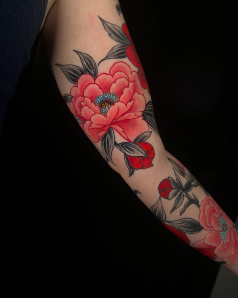Vibrant Peony Sleeve with Blue Accents japanese peony tattoos tattoo