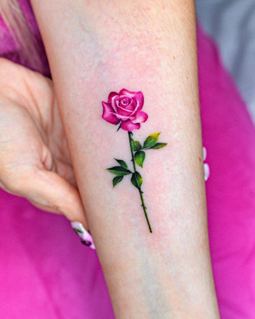 Vibrant Pink Rose Tattoo on Forearm rose tattoos for women tattoo