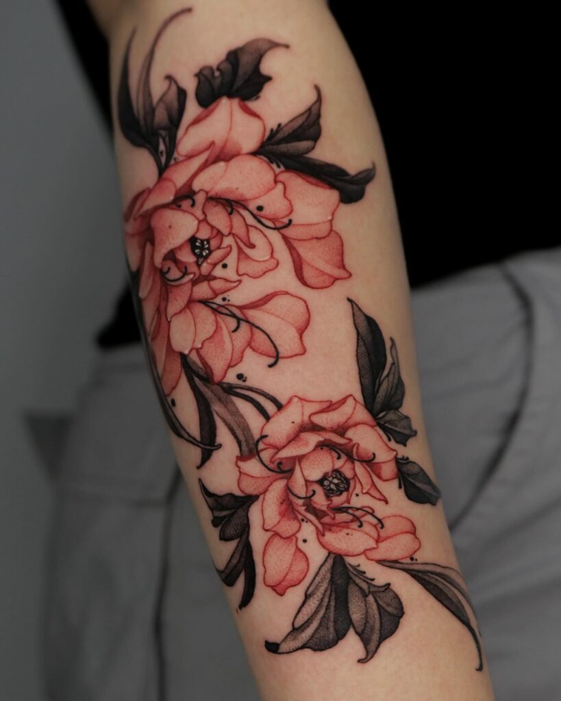 Vibrant Red Peony Tattoo with Dark Leaves peony flower tattoo ideas tattoo
