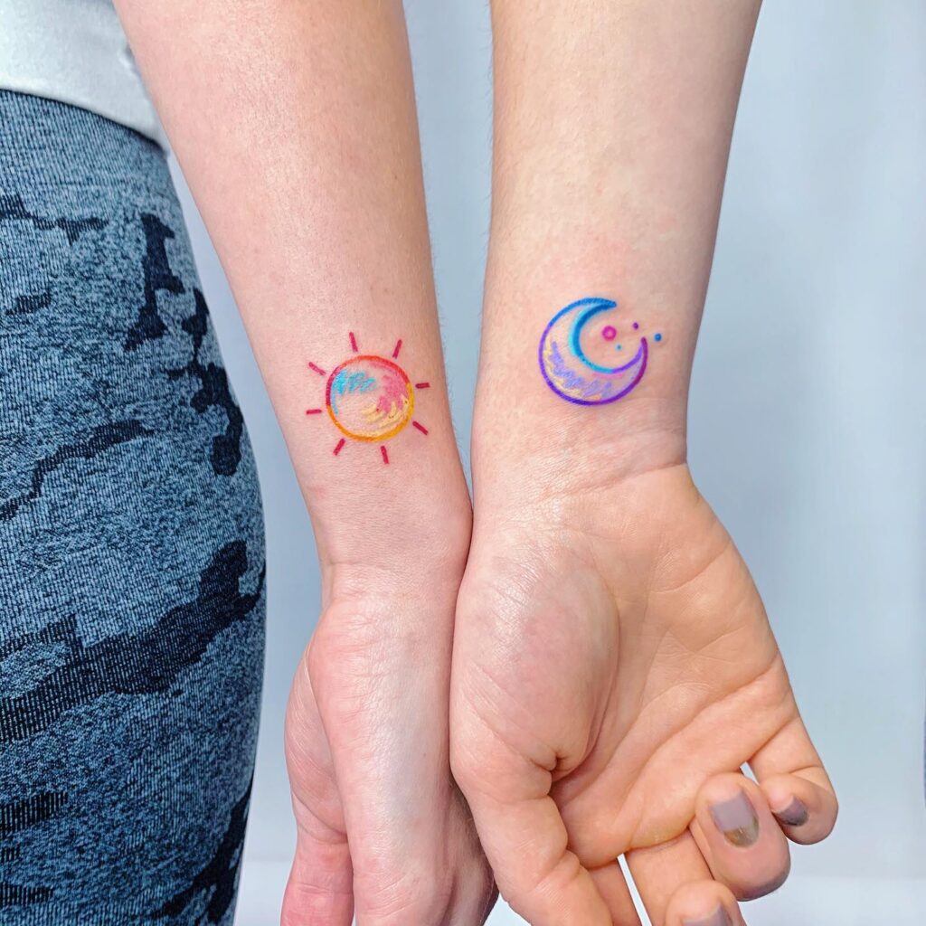 Vibrant Sun and Moon Best Friend Tattoos matching best friend tattoos tattoo