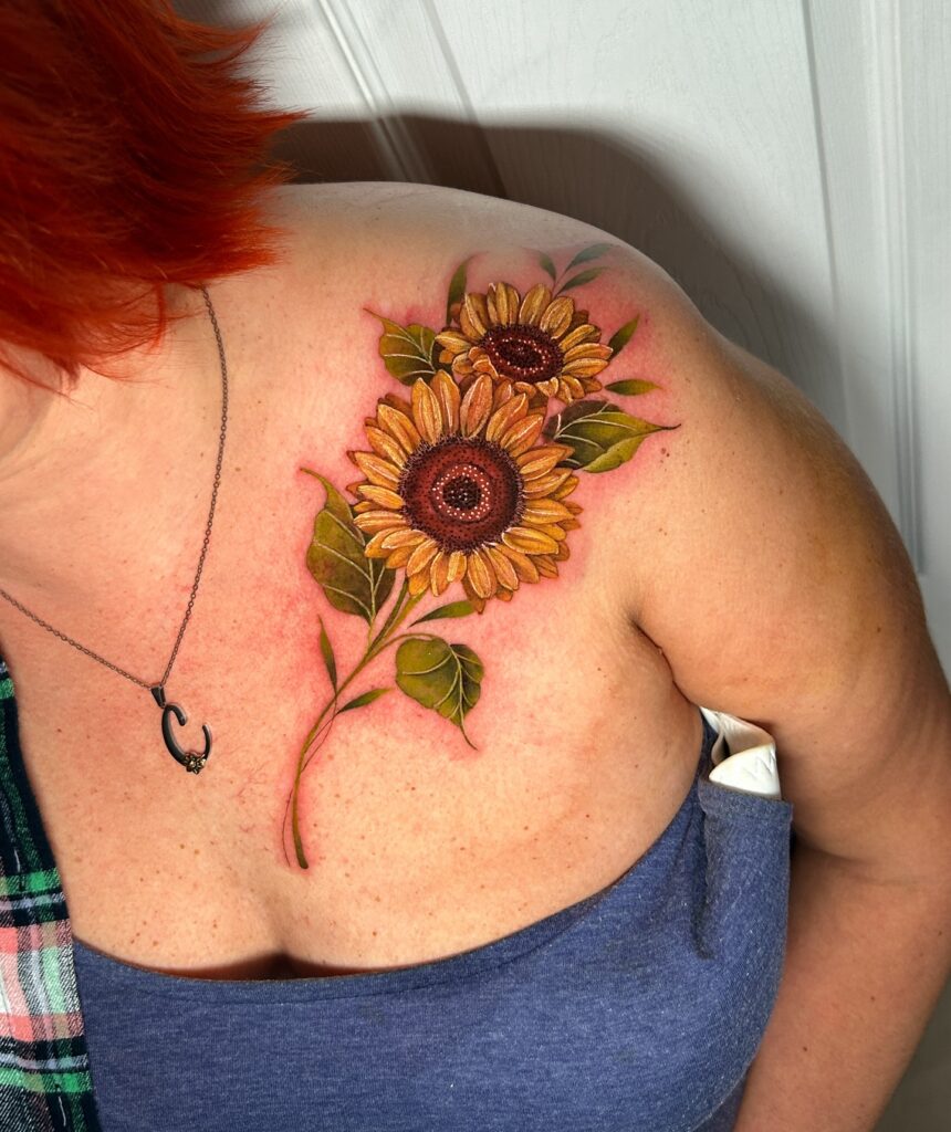 Vibrant Sunflower Shoulder Tattoo sunflower tattoos tattoo