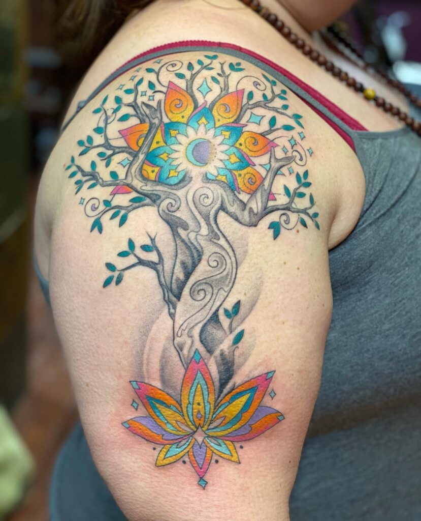 Twin Botanical Journey Tattoos With Girl And Cosmic Elements