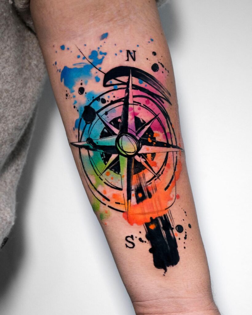 Vibrant Watercolor Compass Tattoo timeless compass tattoo designs tattoo