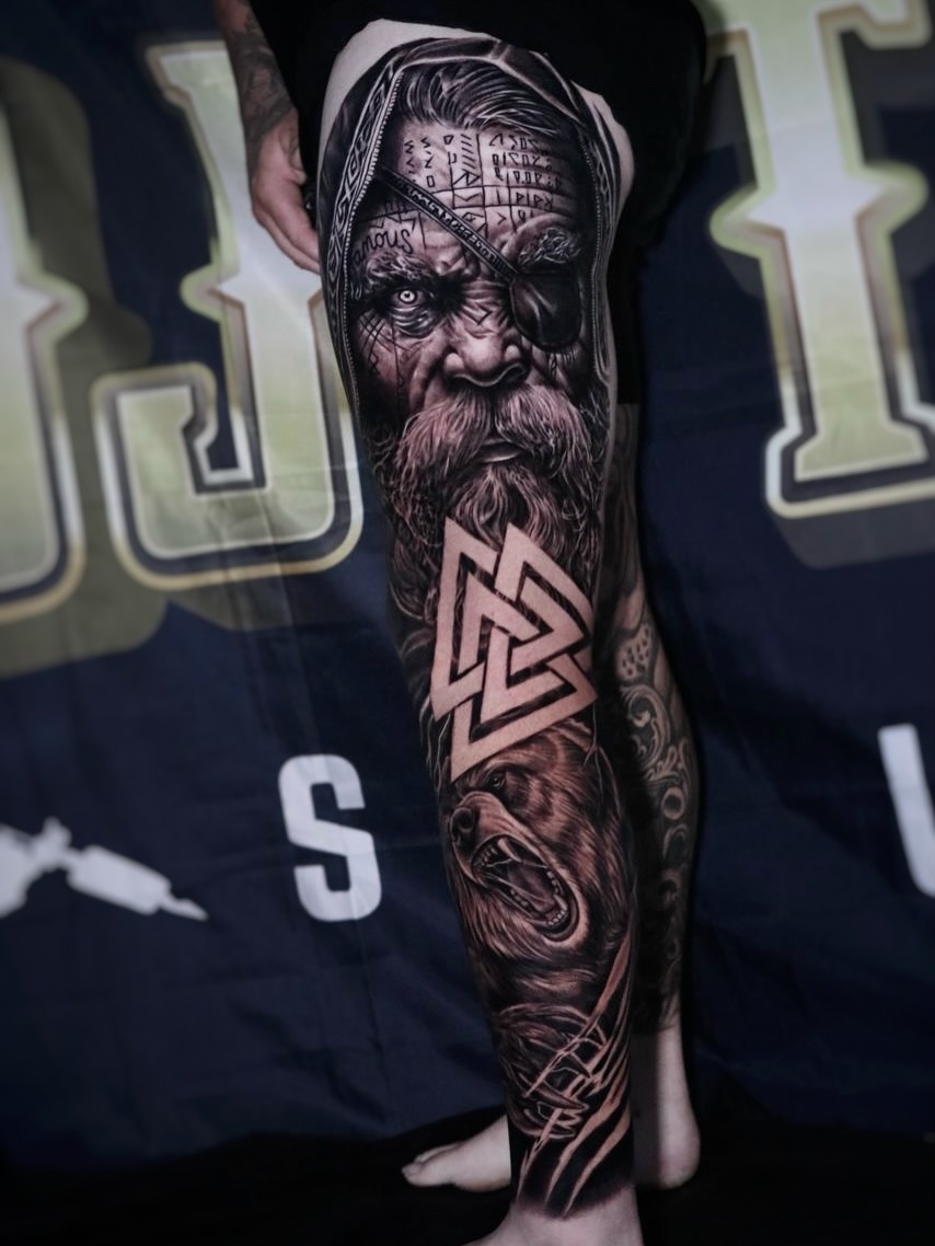 Odin, Valknut, And Bear Tattoo