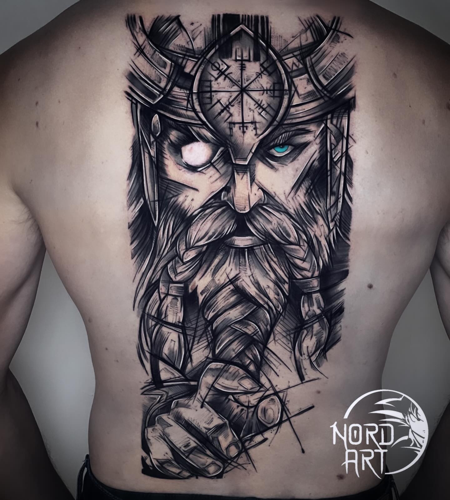 One-Eyed Viking Warrior Back Tattoo