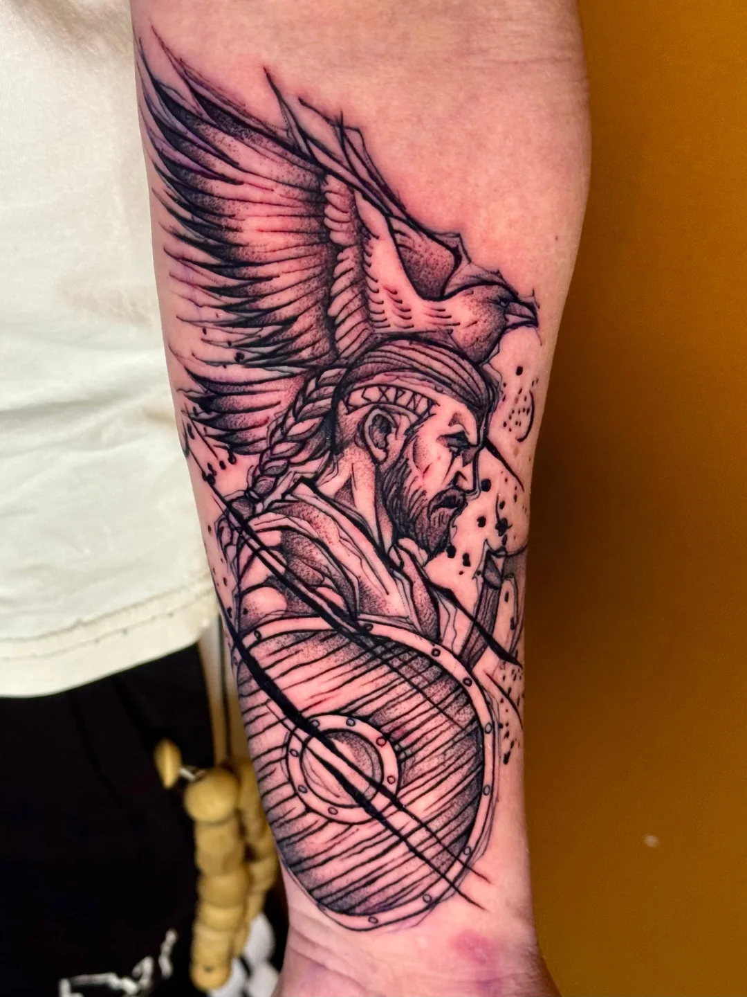 Viking Warrior, Raven, And Shield Tattoo