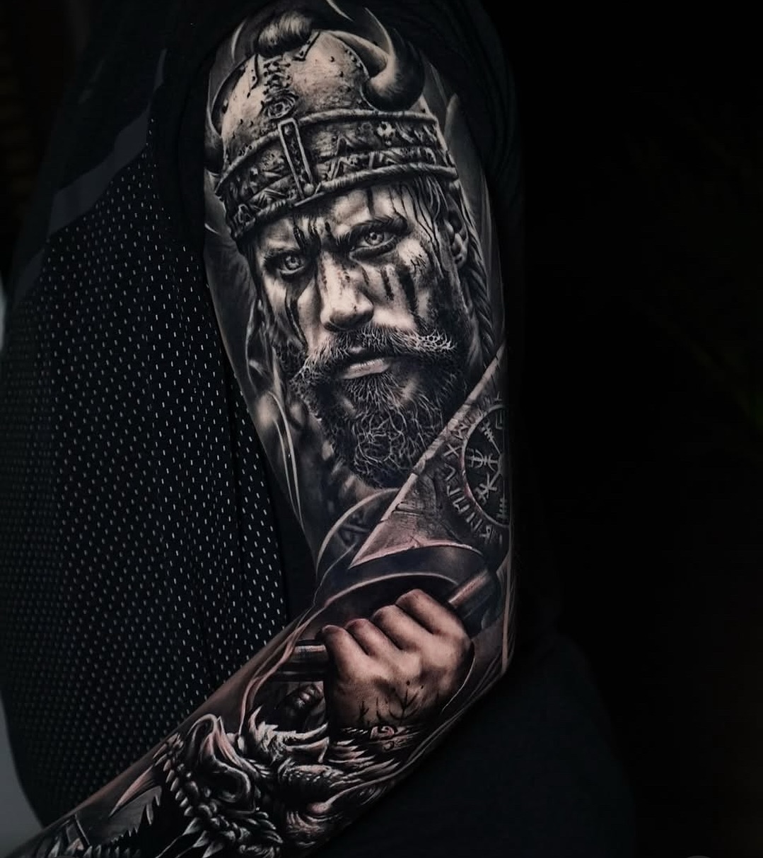 Viking Warrior With Battle Axe Tattoo
