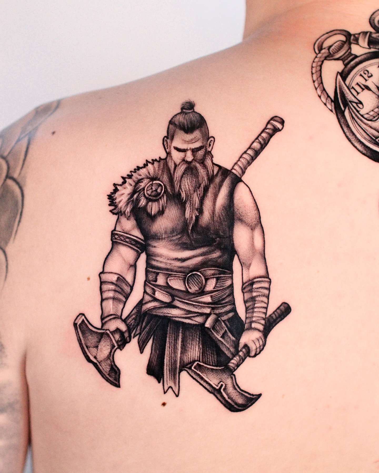 Viking Warrior With Dual Axes Tattoo