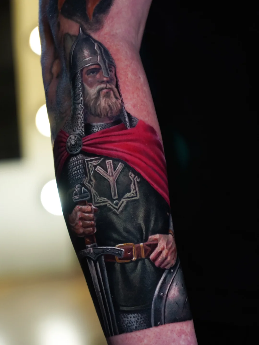 Viking Warrior With Sword And Red Cloak Tattoo