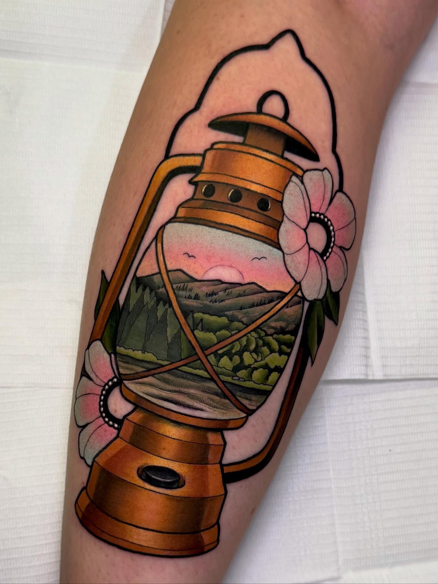 Vintage Camping Lantern with Rising Sun sunrise tattoo