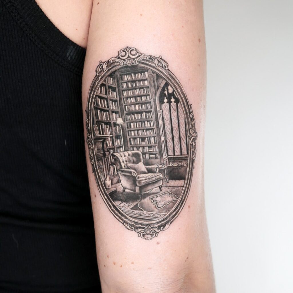 Realistic Woman With Library Hair Tattoo
