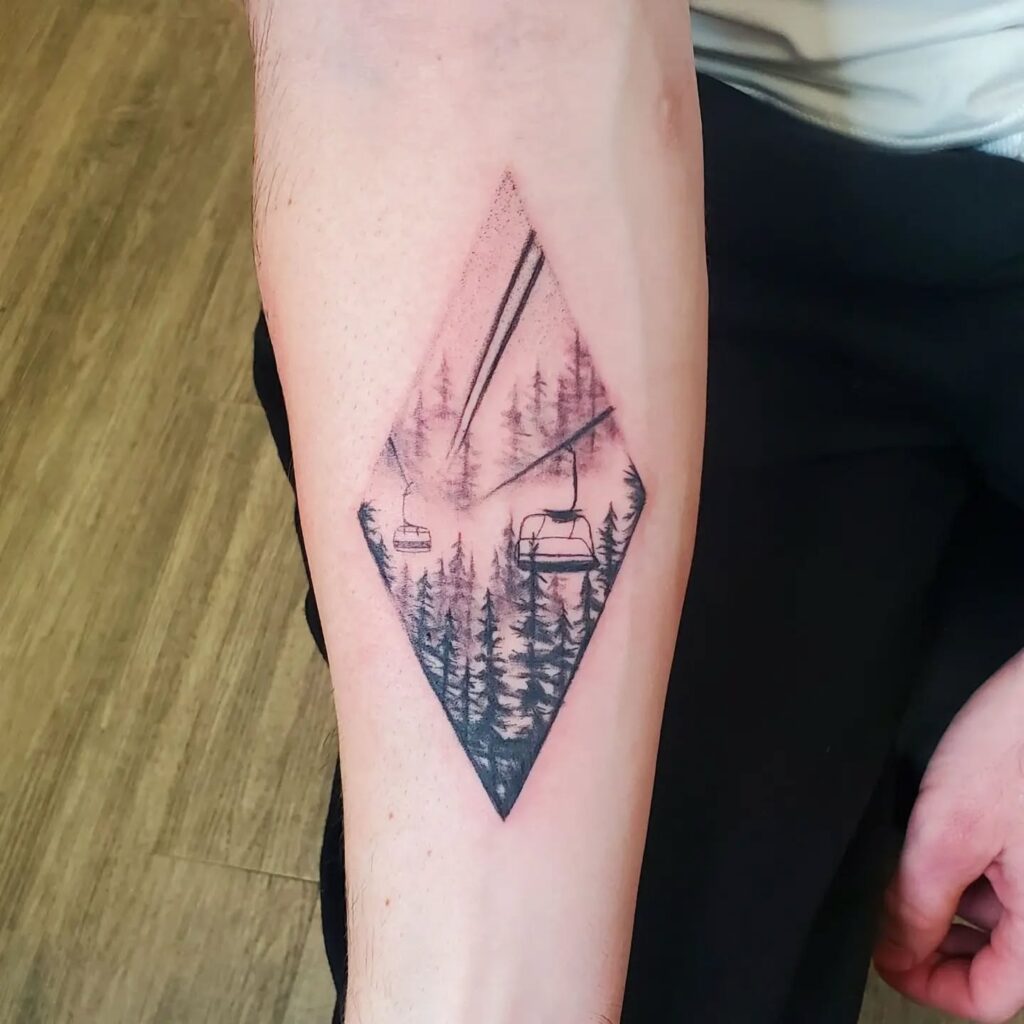Vintage Ski Chairlift Through Snowy Pines nature scene tattoo