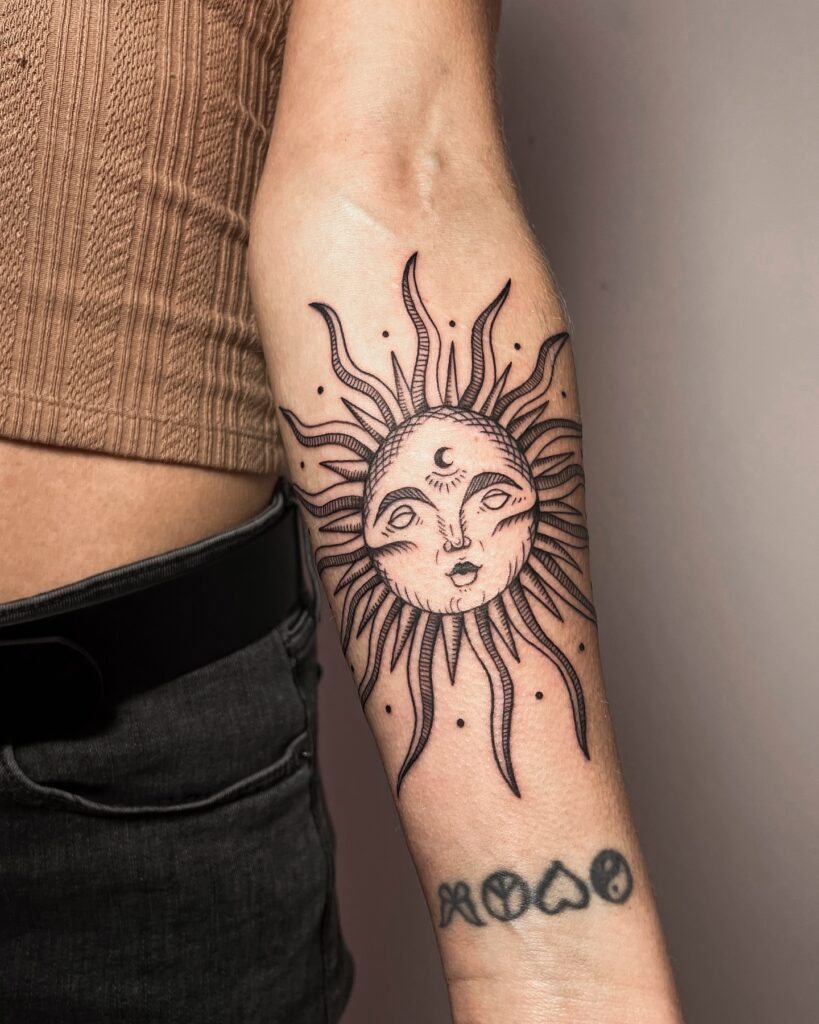Vintage Sun Face Tattoo with Crescent Symbol sun tattoos tattoo