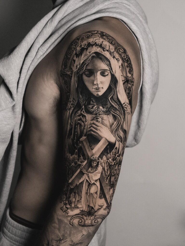 Virgin Mary and Jesus Half Sleeve Tattoo half sleeve tattoos for men tattoo