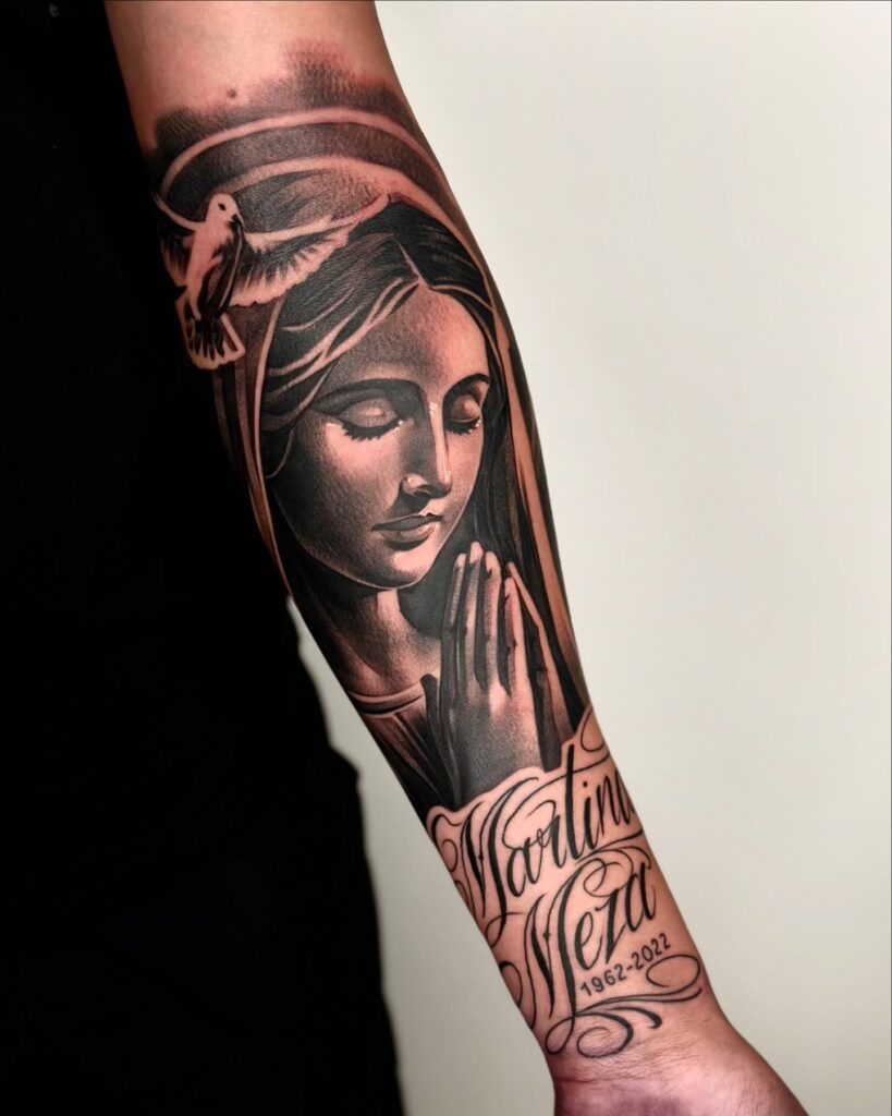 Virgin Mary Memorial Tattoo with Dove and Script praying hands tattoos tattoo