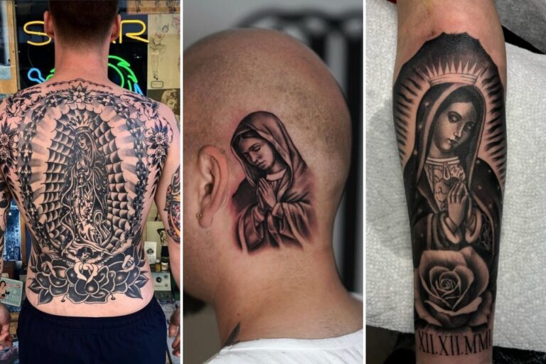 Aesthetic virgin mary tattoos and delicate ink ideas collage