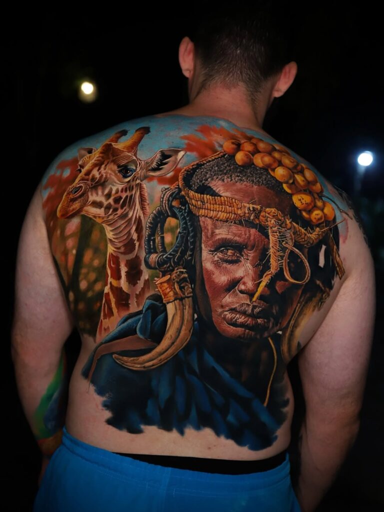 Vivid African Wildlife and Tribal Portrait Back Tattoo back tattoos for guys tattoo