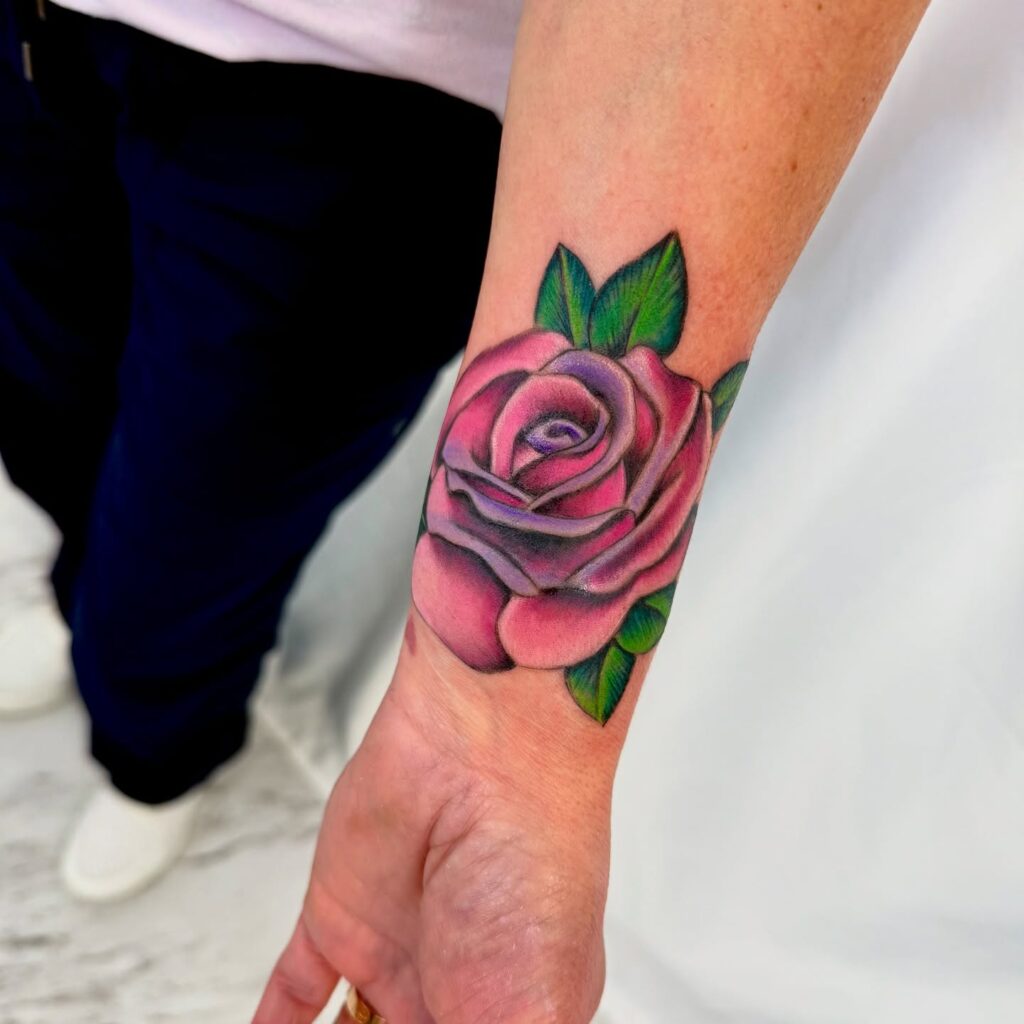 Vivid Pink and Purple Rose Tattoo flower wrist tattoo ideas tattoo