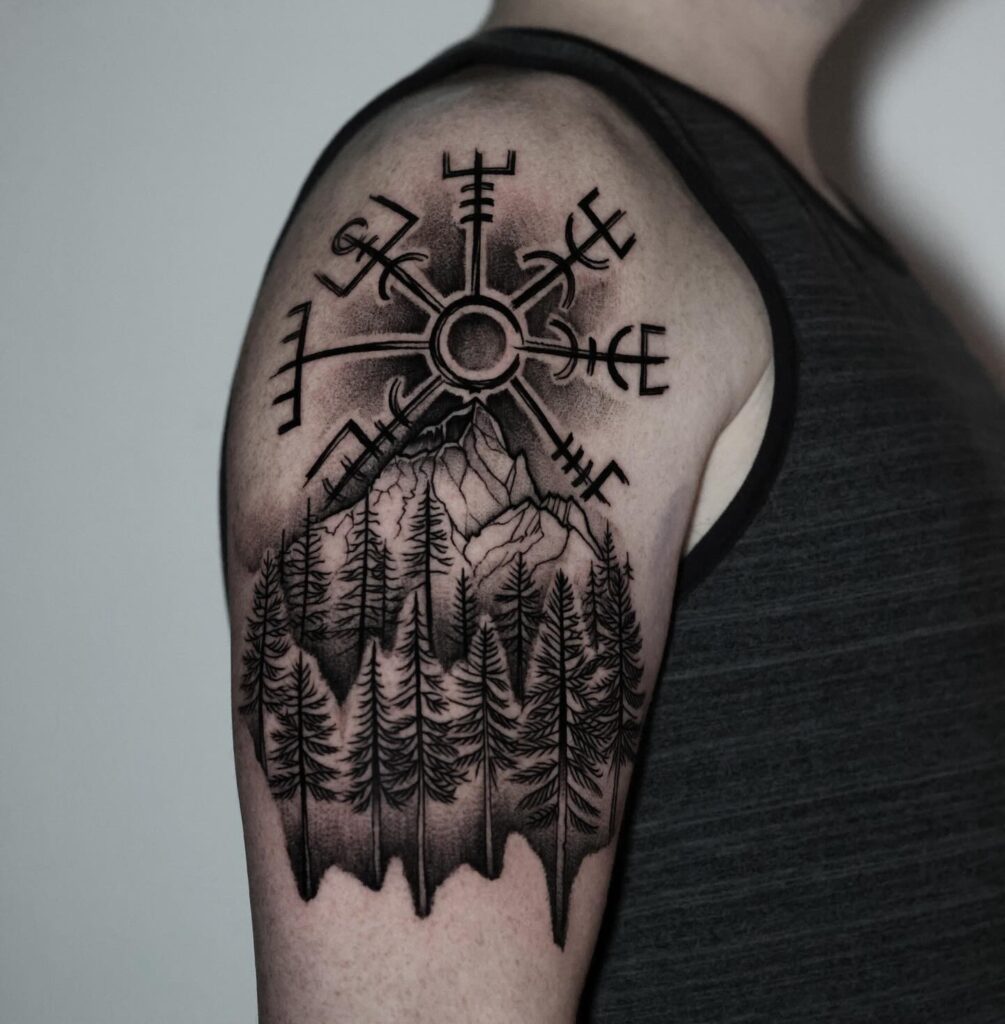 Volcano and Viking Vegvisir Tattoo mountain tattoos tattoo