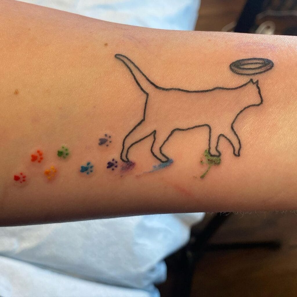 Walking cat Outline with Halo Symbol & Colorful Prints pet memorial tattoos tattoo