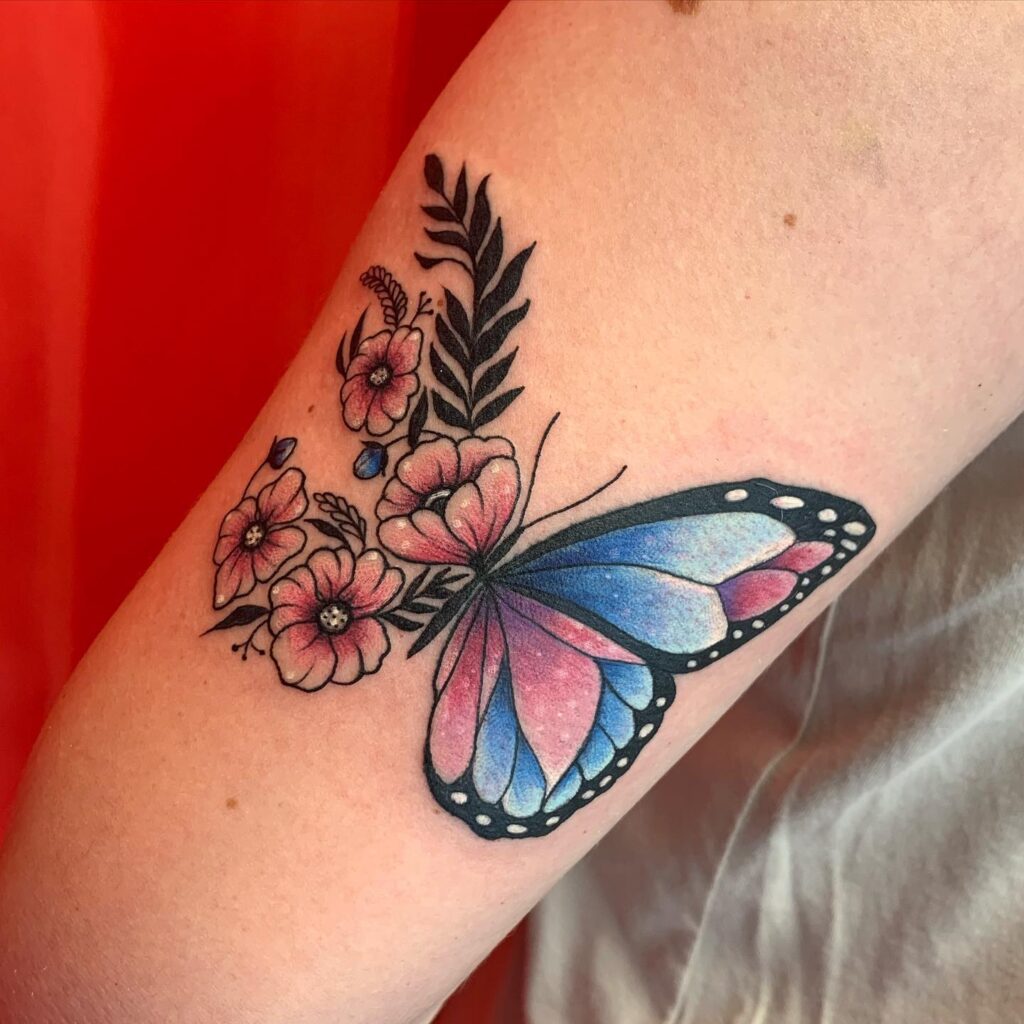 Watercolor Bloom and Butterfly Tattoo half butterfly half flower tattoos tattoo