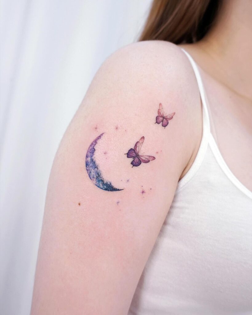 Watercolor Crescent Moon and Butterflies Tattoo moon tattoos tattoo
