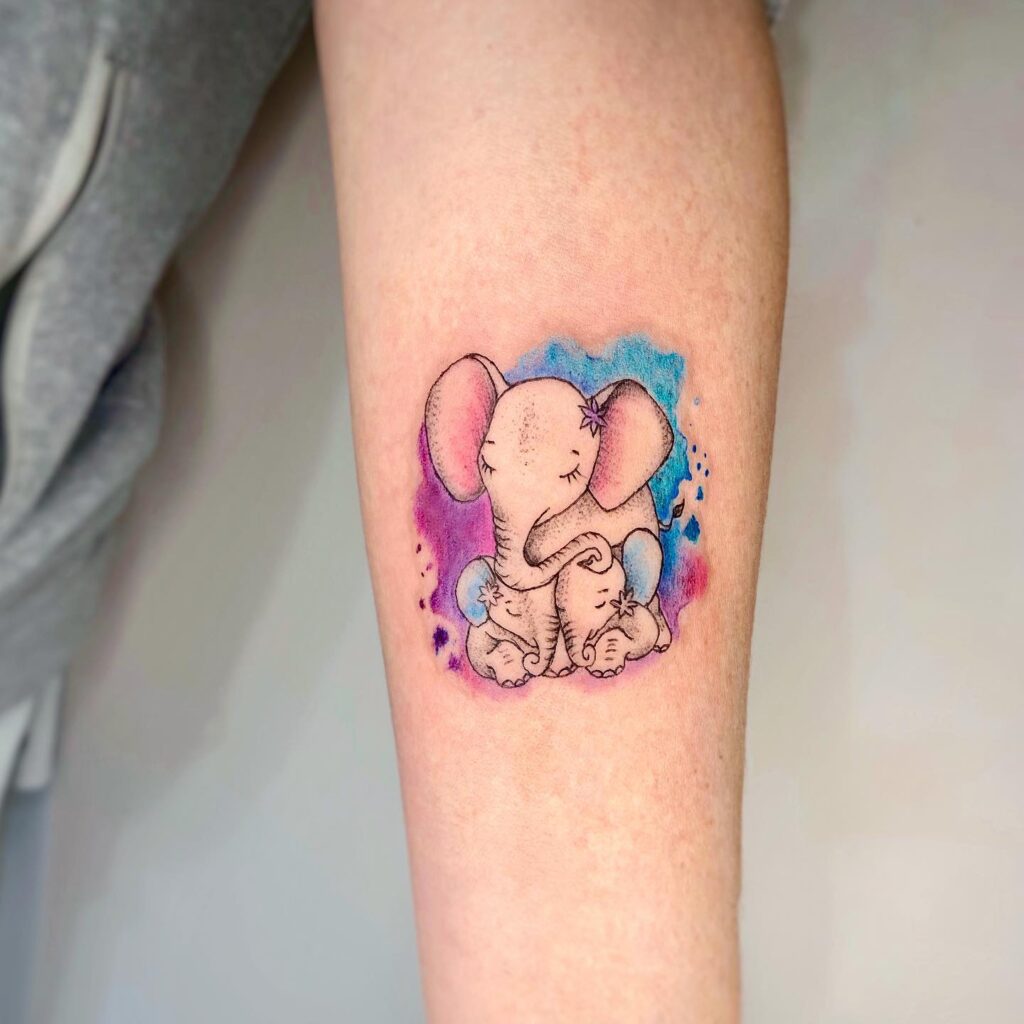 Watercolor elephant mother and baby tattoo