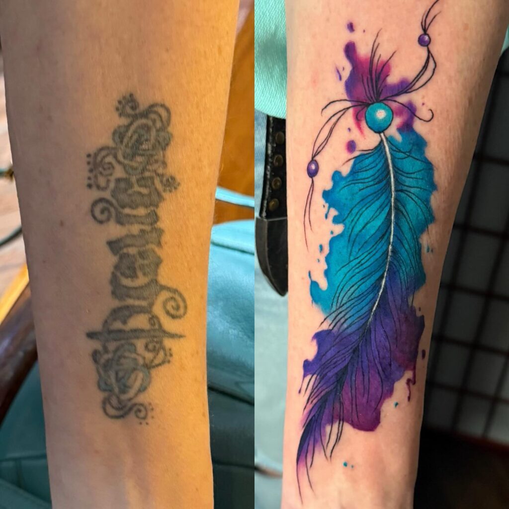 Ornamental Purple Flower Name Cover-Up Tattoo