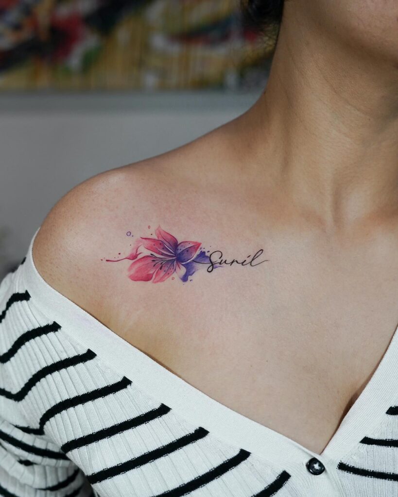 Bold Peony And Stars Collarbone Tattoo