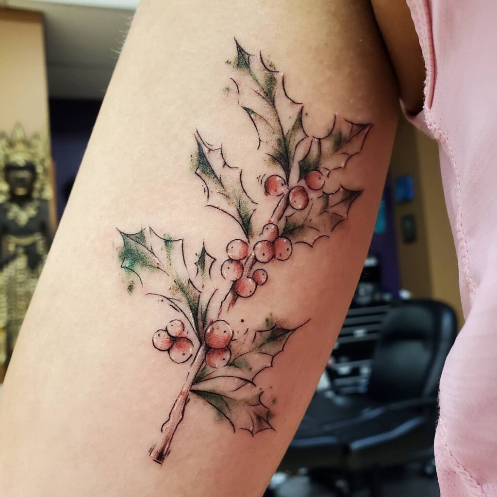 Watercolor Holly Tattoo with Red Berries december birth flower tattoo ideas tattoo
