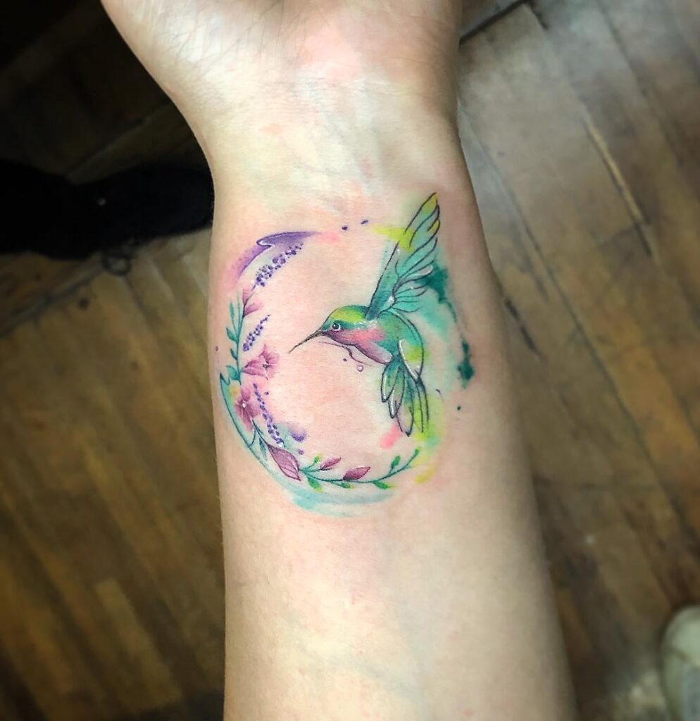 Watercolor Hummingbird and Floral Wreath Tattoo hummingbird tattoos tattoo