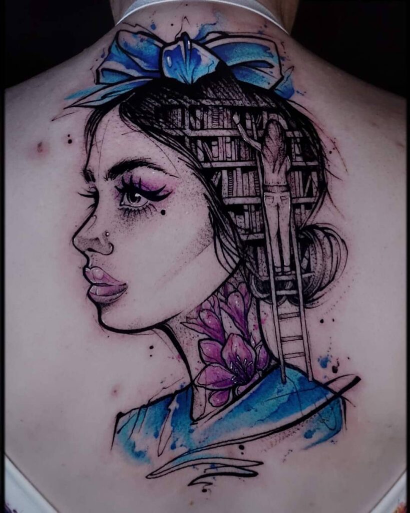 Woman With Bookshelf Hair Silhouette Tattoo