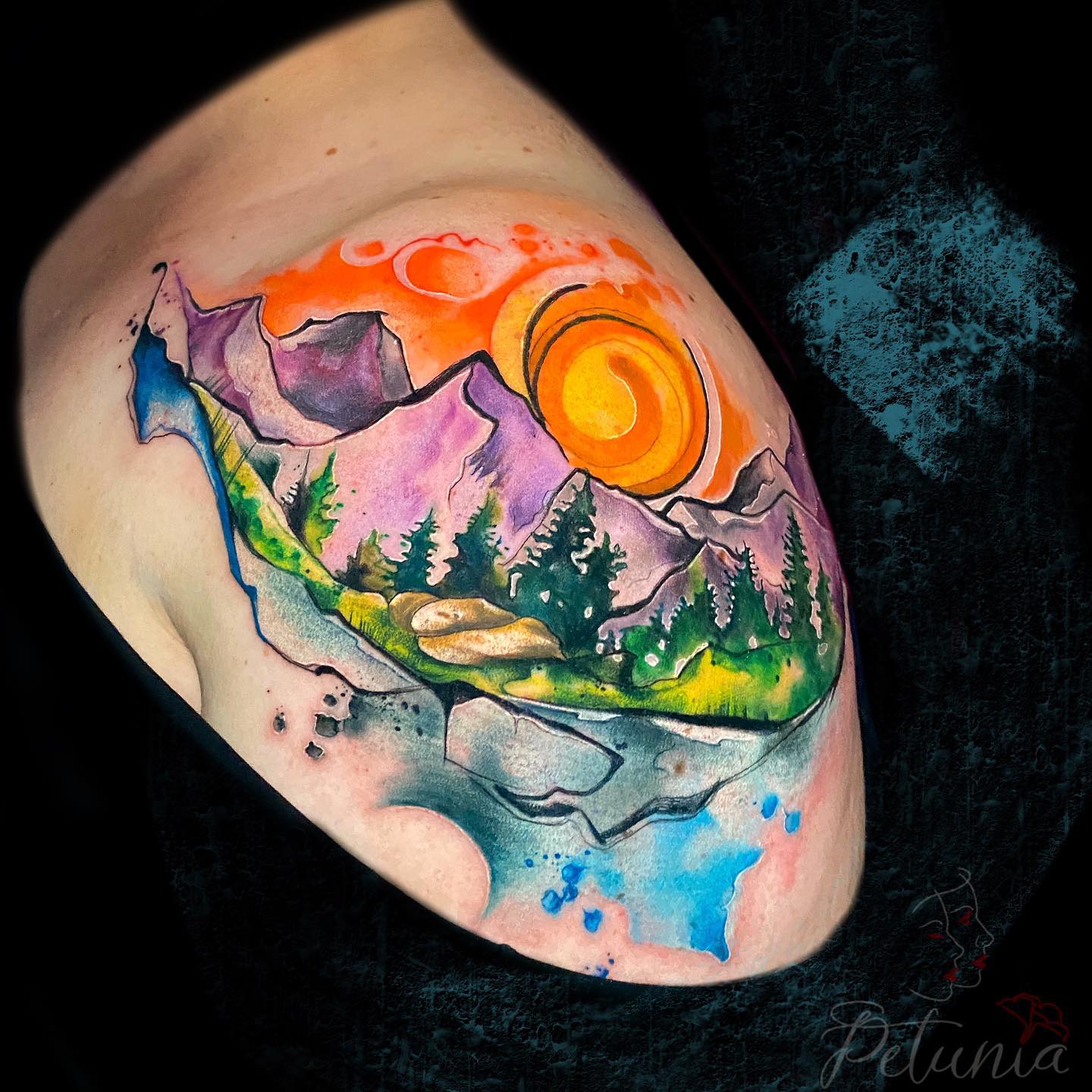 Watercolor Mountain Sunset Tattoo mountain tattoos ideas tattoo