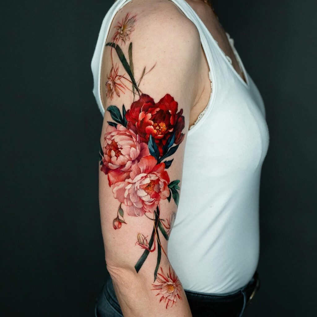 Watercolor Peony Tattoo with Realistic Petals peony flower tattoo ideas tattoo