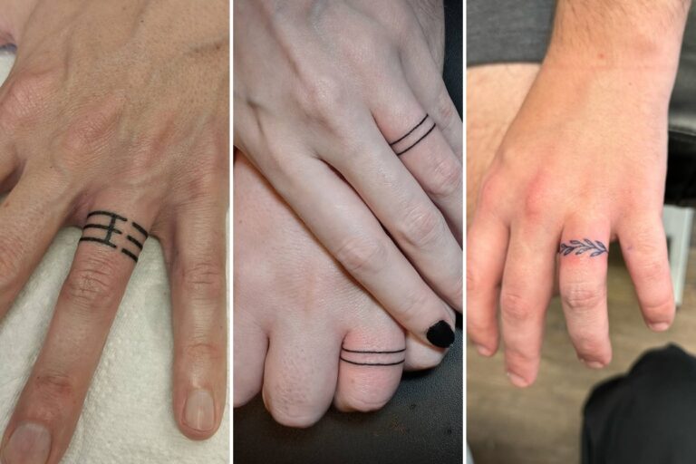 Aesthetic wedding band tattoo ideas and delicate ink ideas collage