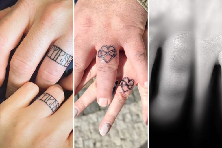 Aesthetic wedding ring tattoos couples and delicate ink ideas collage