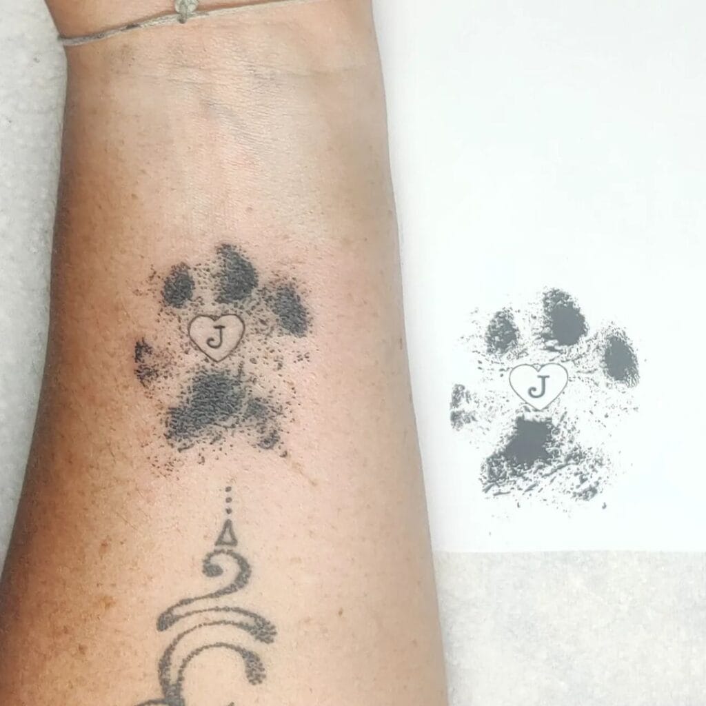 Wee Doggy Paw Print with Small Heart & Initial pet memorial tattoos tattoo