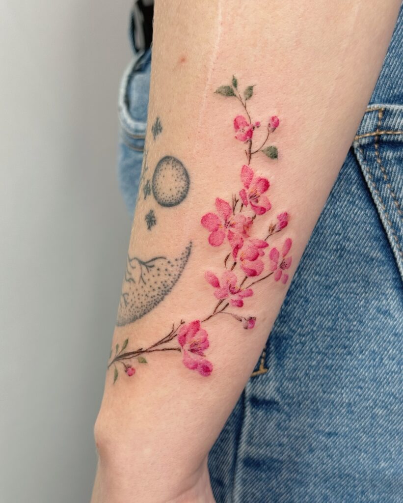 Whimsical Cherry Blossoms and Moon Tattoo cherry blossom tattoo ideas tattoo