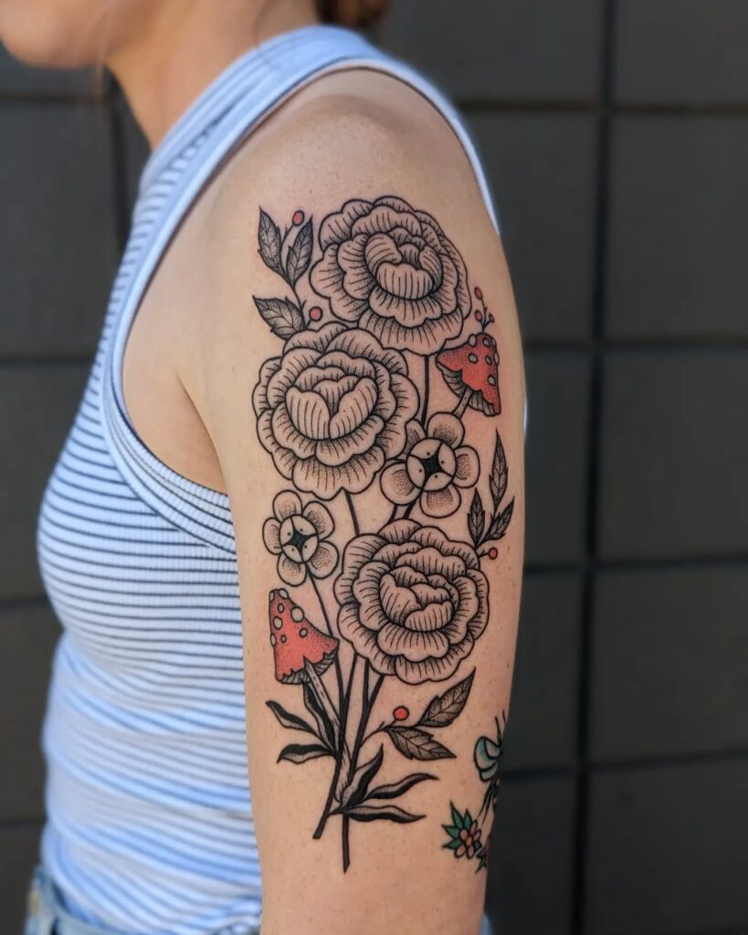 Woman With Floral Hair And Butterflies Tattoo