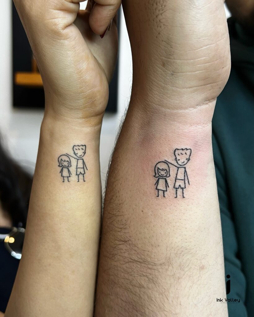 Whimsical Tin Can Phone Stick Figures matching sibling tattoo