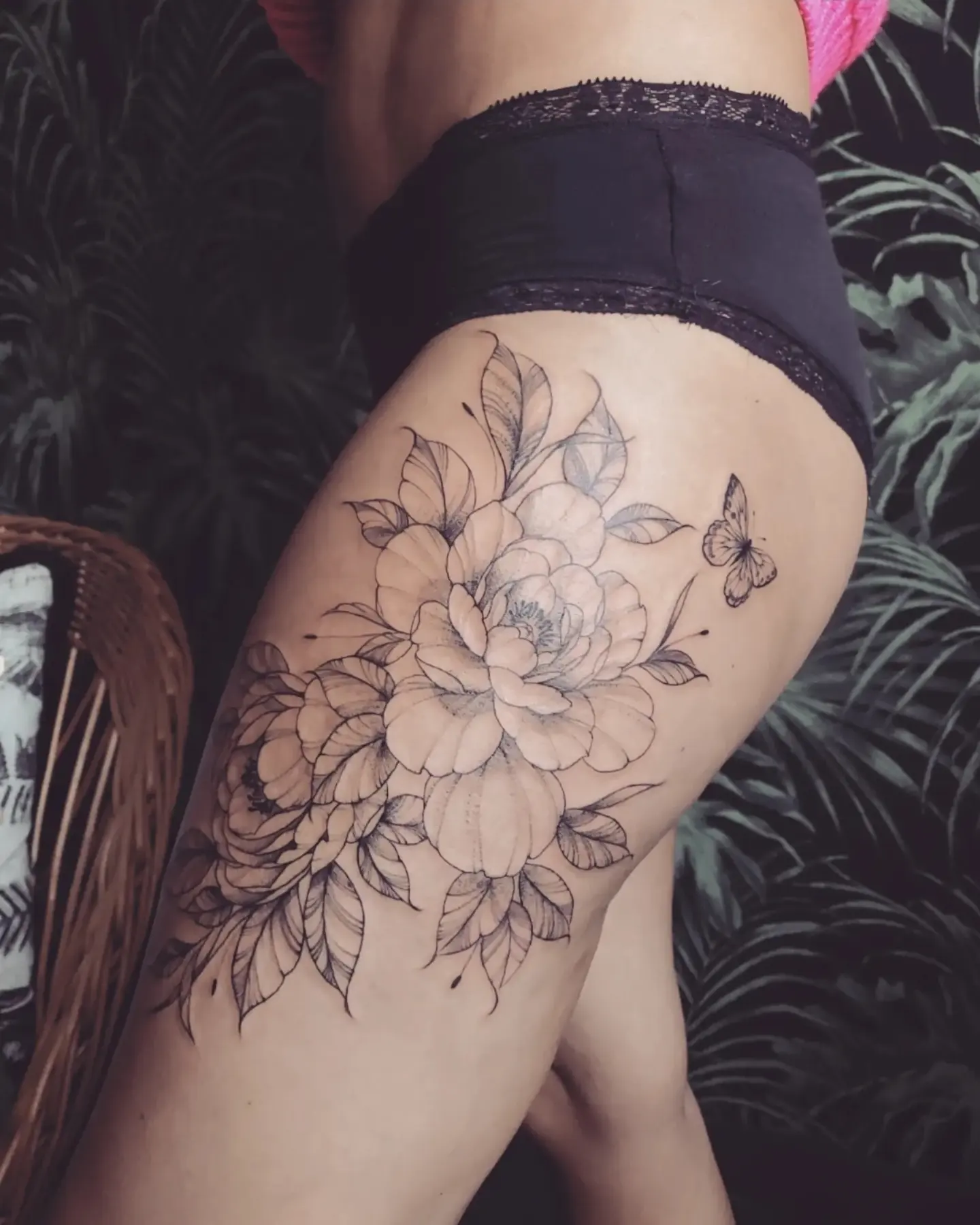 Peony Bouquet And Butterfly Tattoo