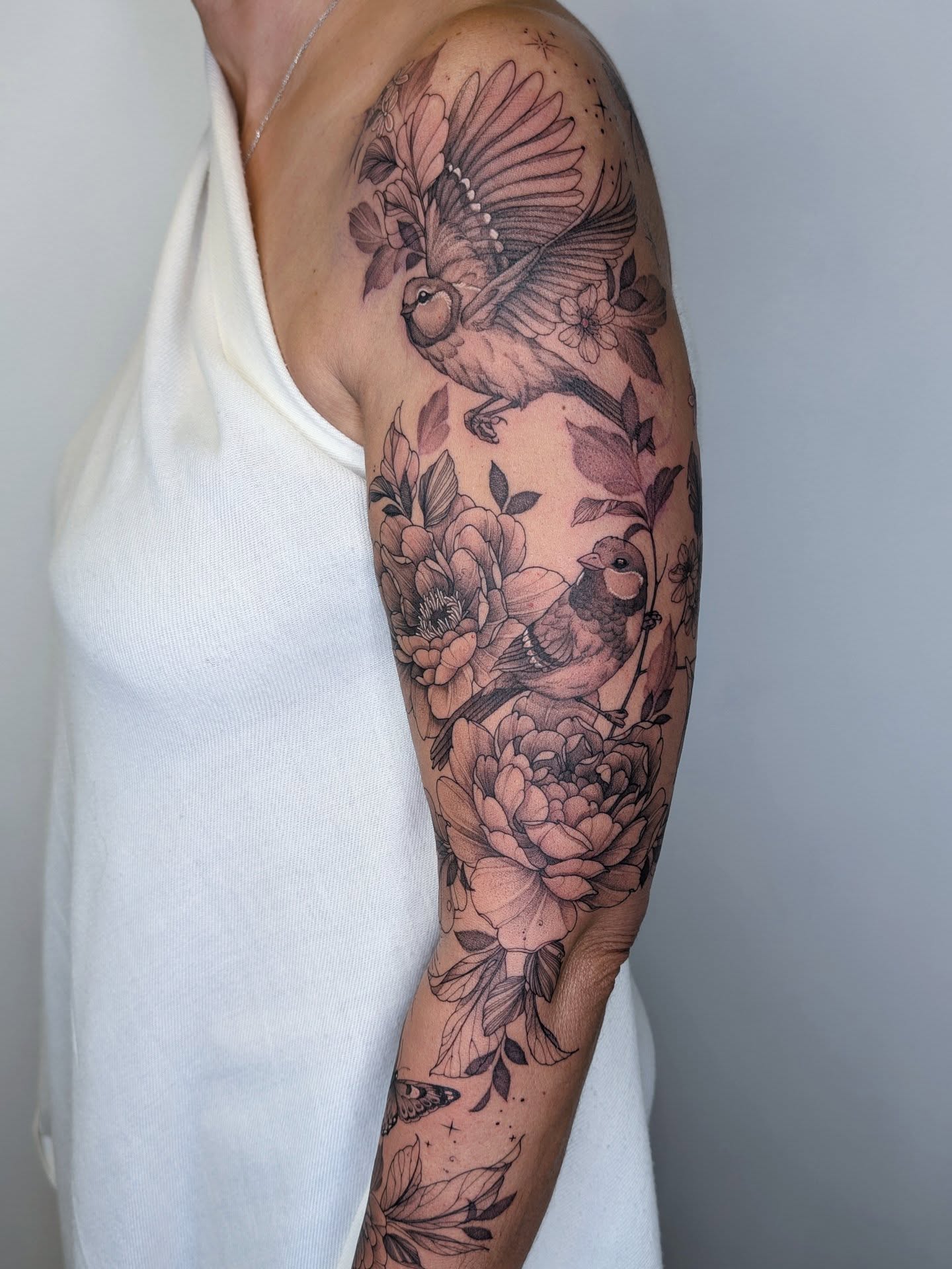Songbirds And Peony Flowers Tattoo
