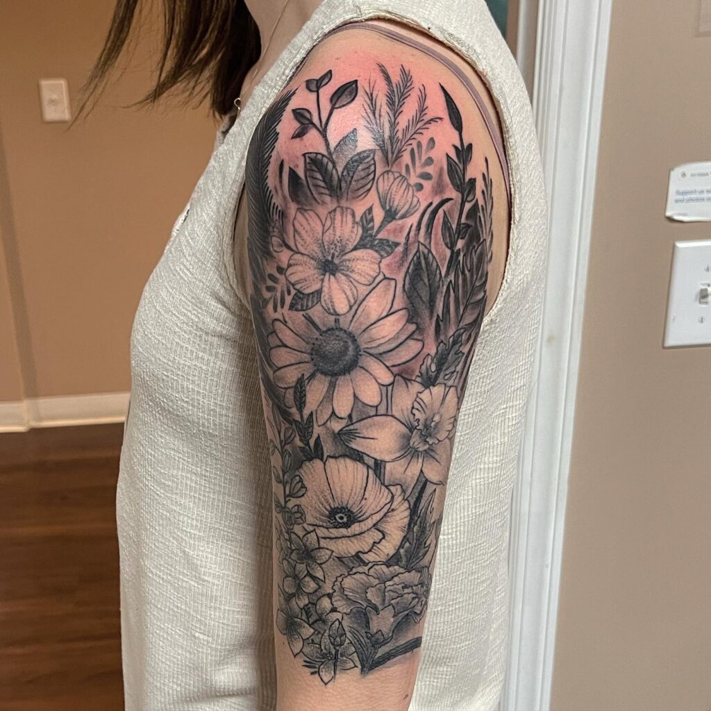 Garden Half Sleeve Tattoo With Silhouette Detail