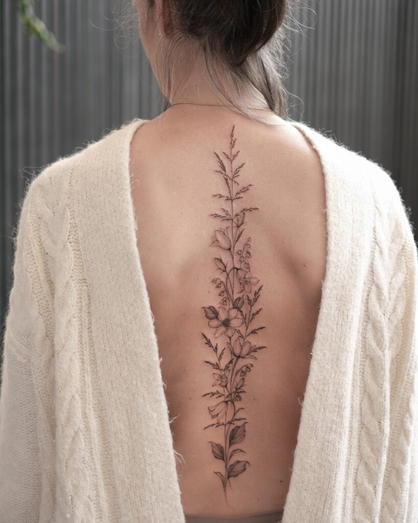 Floral Tree Of Life Spine Tattoo