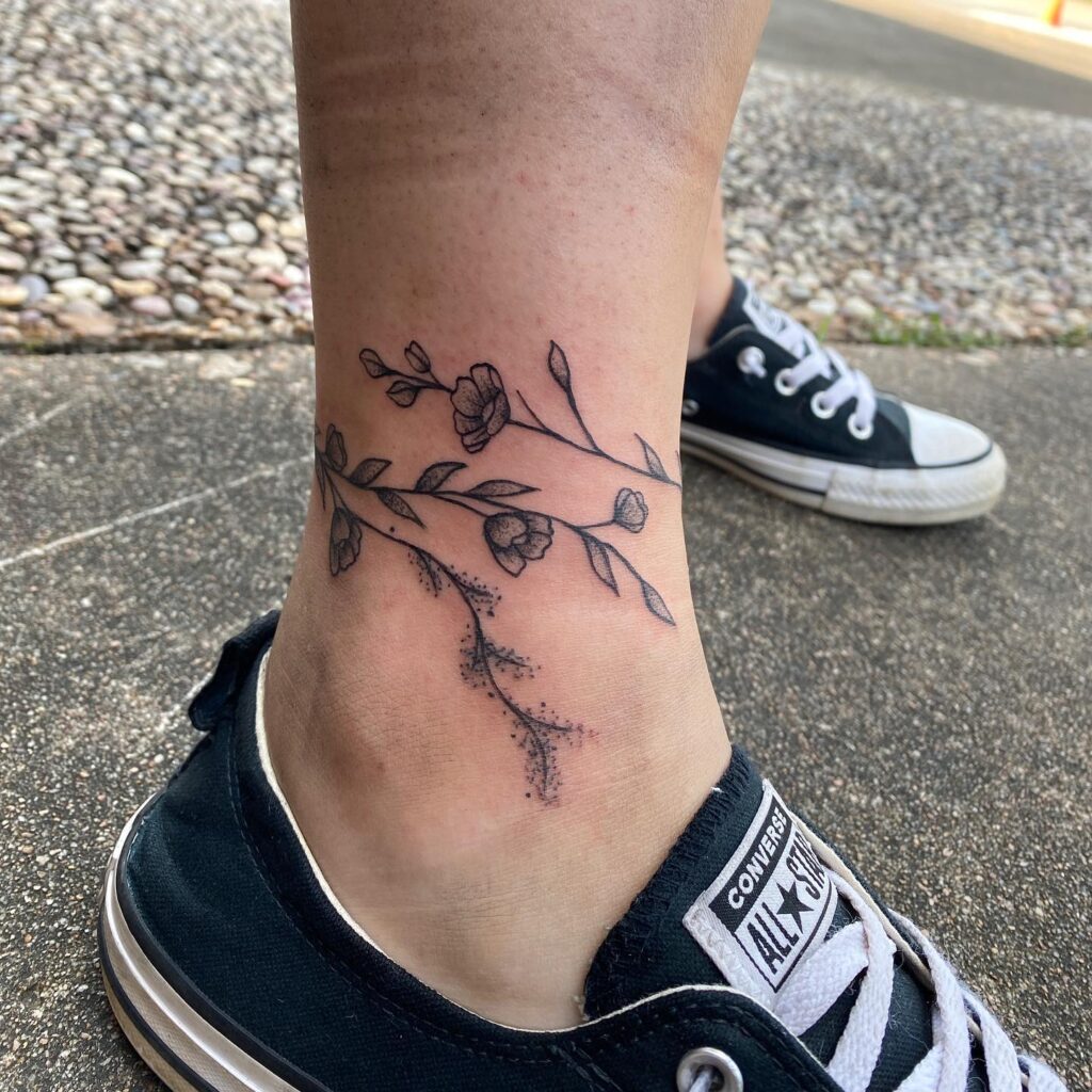 Black And Grey Floral Ankle Wrap Tattoo
